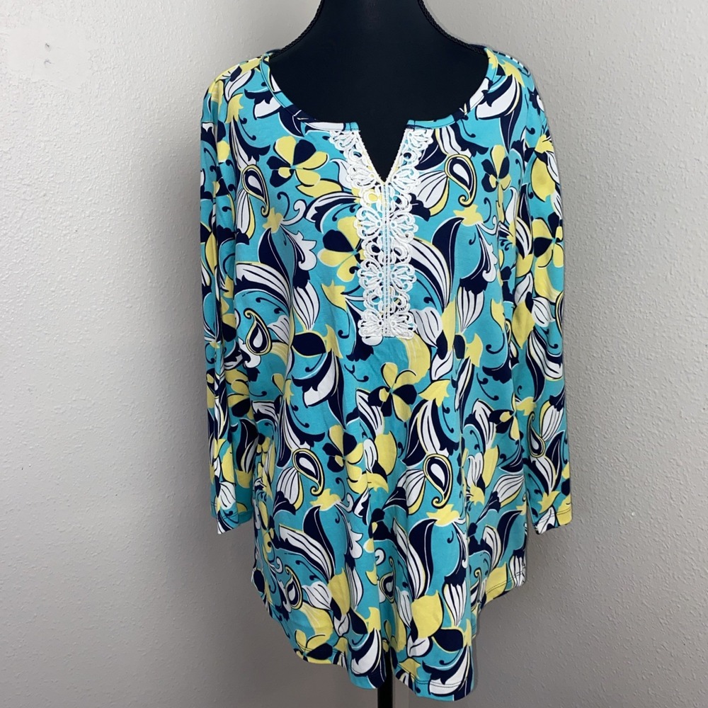 Kim Rogers Top Women's 1X Teal/Yellow Cotton Lace V-Neck 3/4 Sleeve Pullover
